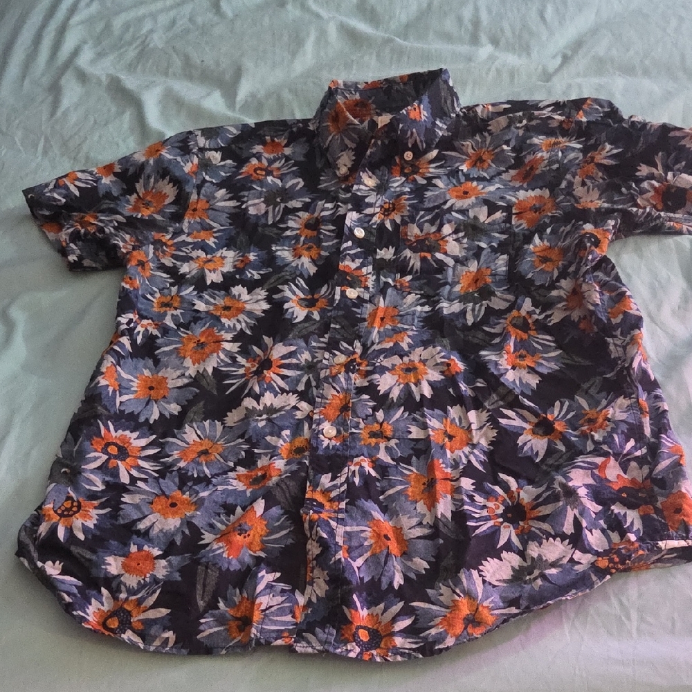 Men's Floral Button Down Shirt - Black and Orange